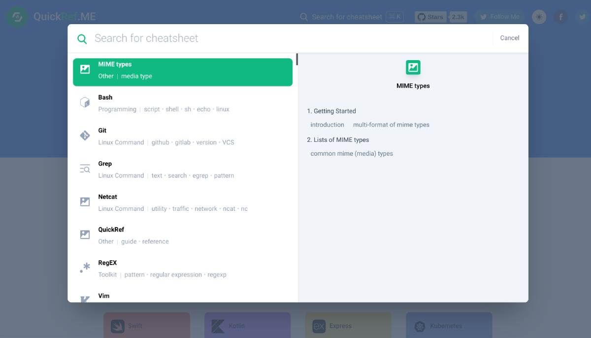 يحتوي QuickRef.Me على محرك بحث قوي لأوراق الغش الخاصة به مما يجعل العثور على البطاقة المرجعية الصحيحة التي تبحث عنها أسرع
