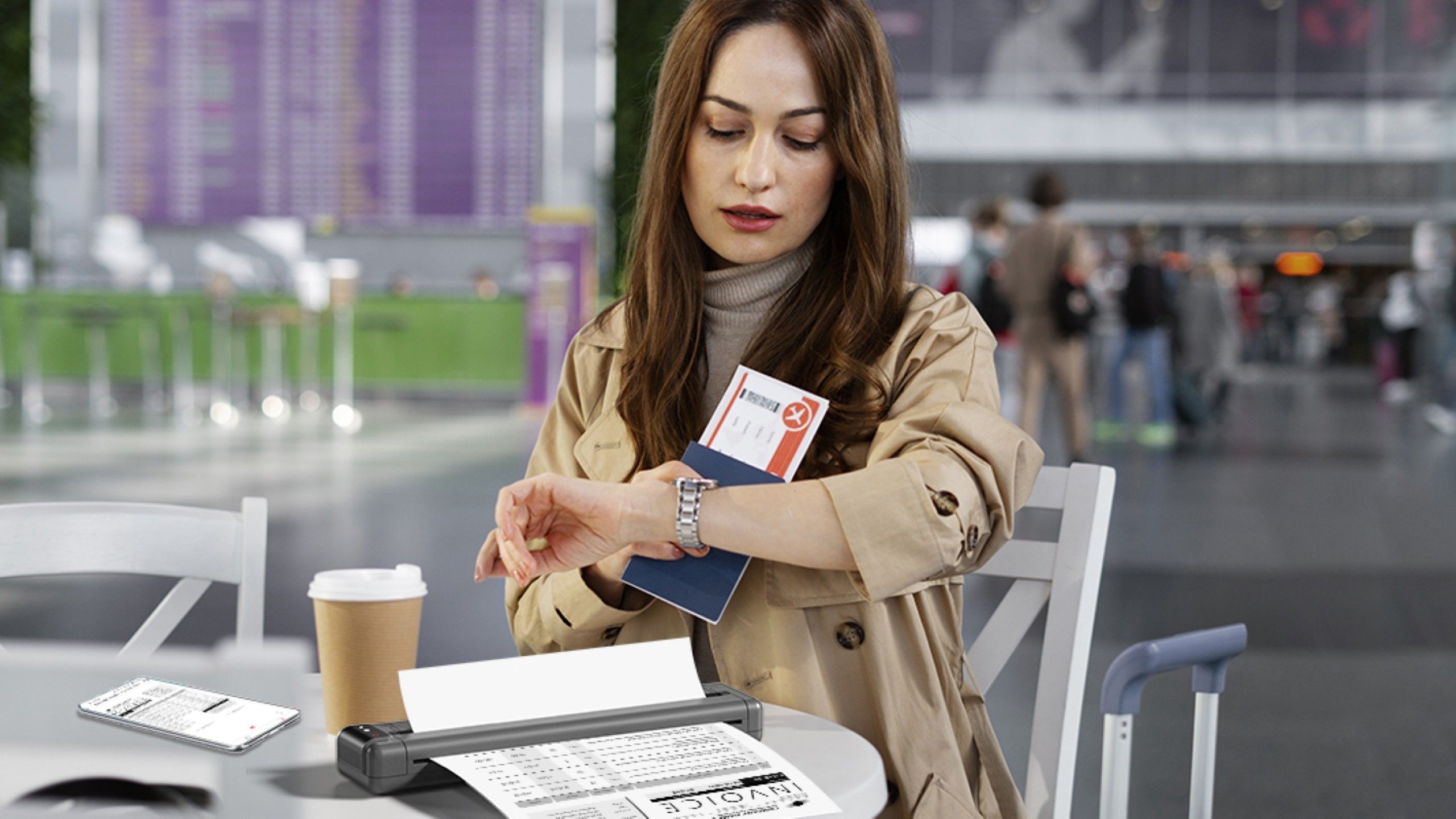 امرأة تستخدم Phomemo Q302 في المطار