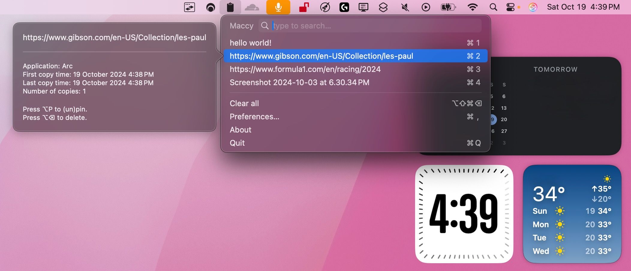 شريط قوائم macOS يحتوي على روابط وملفات منسوخة مسبقًا ومرئية في Maccy