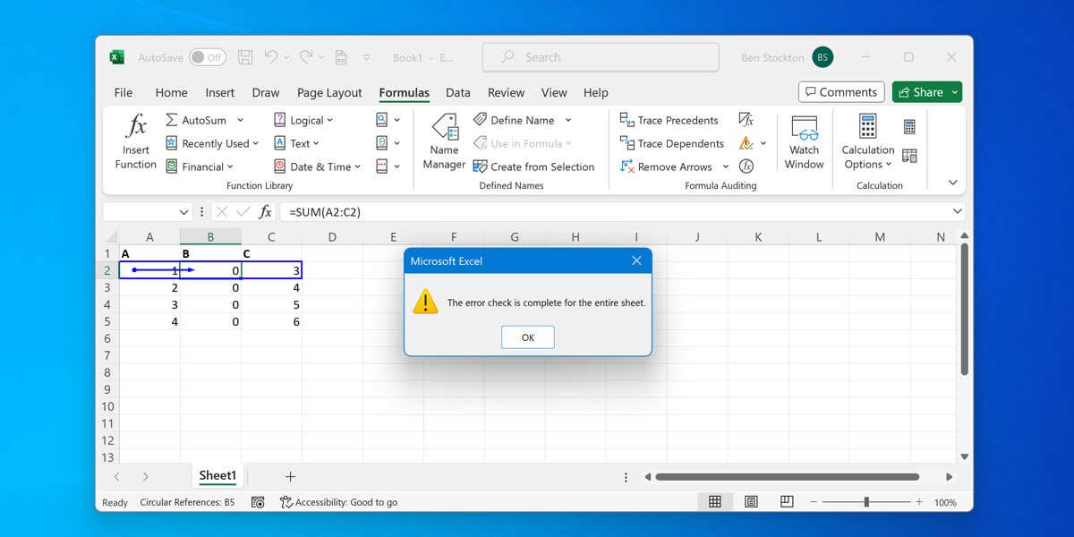 مثال على المراجع الدائرية في Microsoft Excel