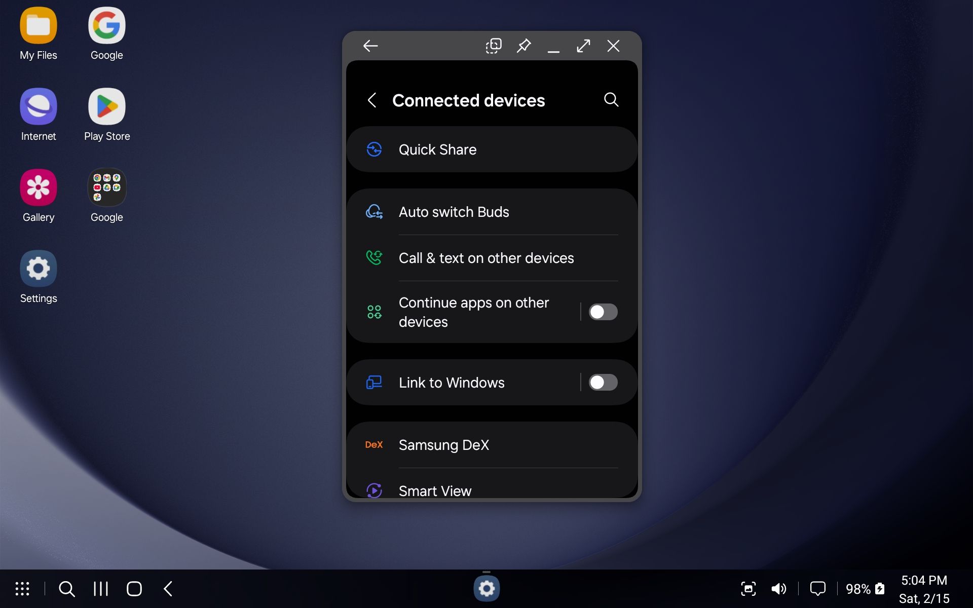 Samsung Dex UI ، مع فتح قائمة الإعدادات.