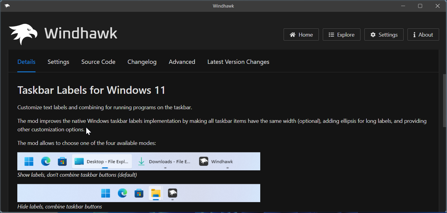 تطبيق Windhawk يعرض ملصقات شريط المهام لصفحة تفاصيل Windows 11 MOD