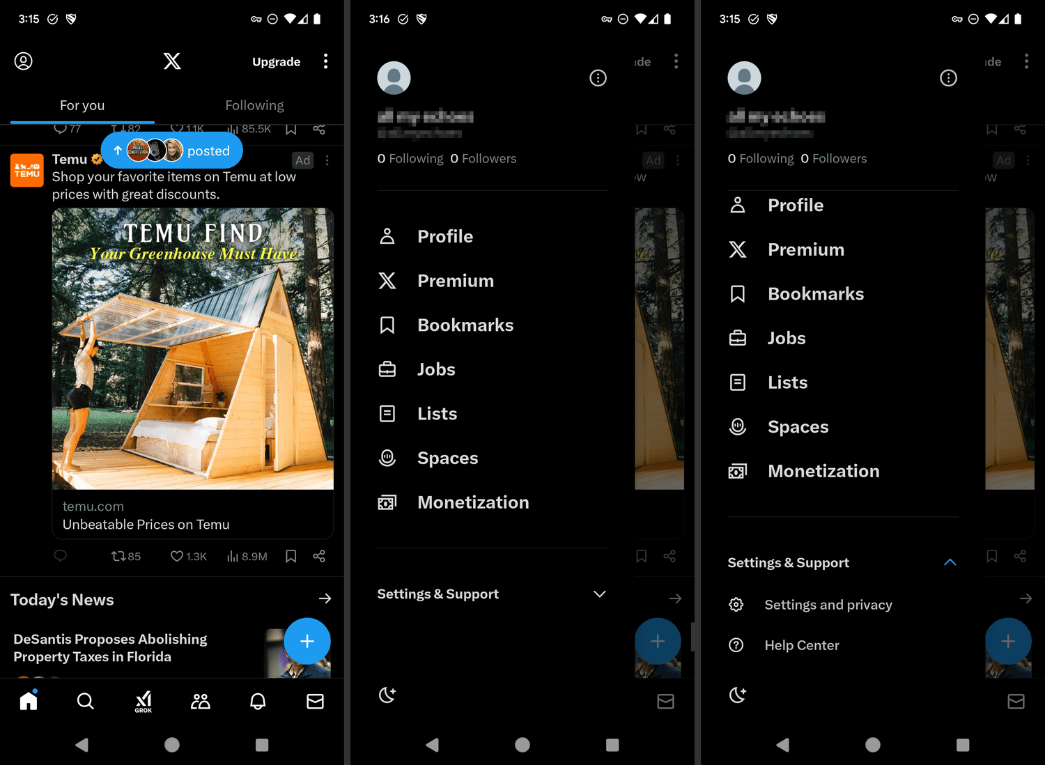 Le menu de flux et de côté d'un utilisateur dans l'application X Android