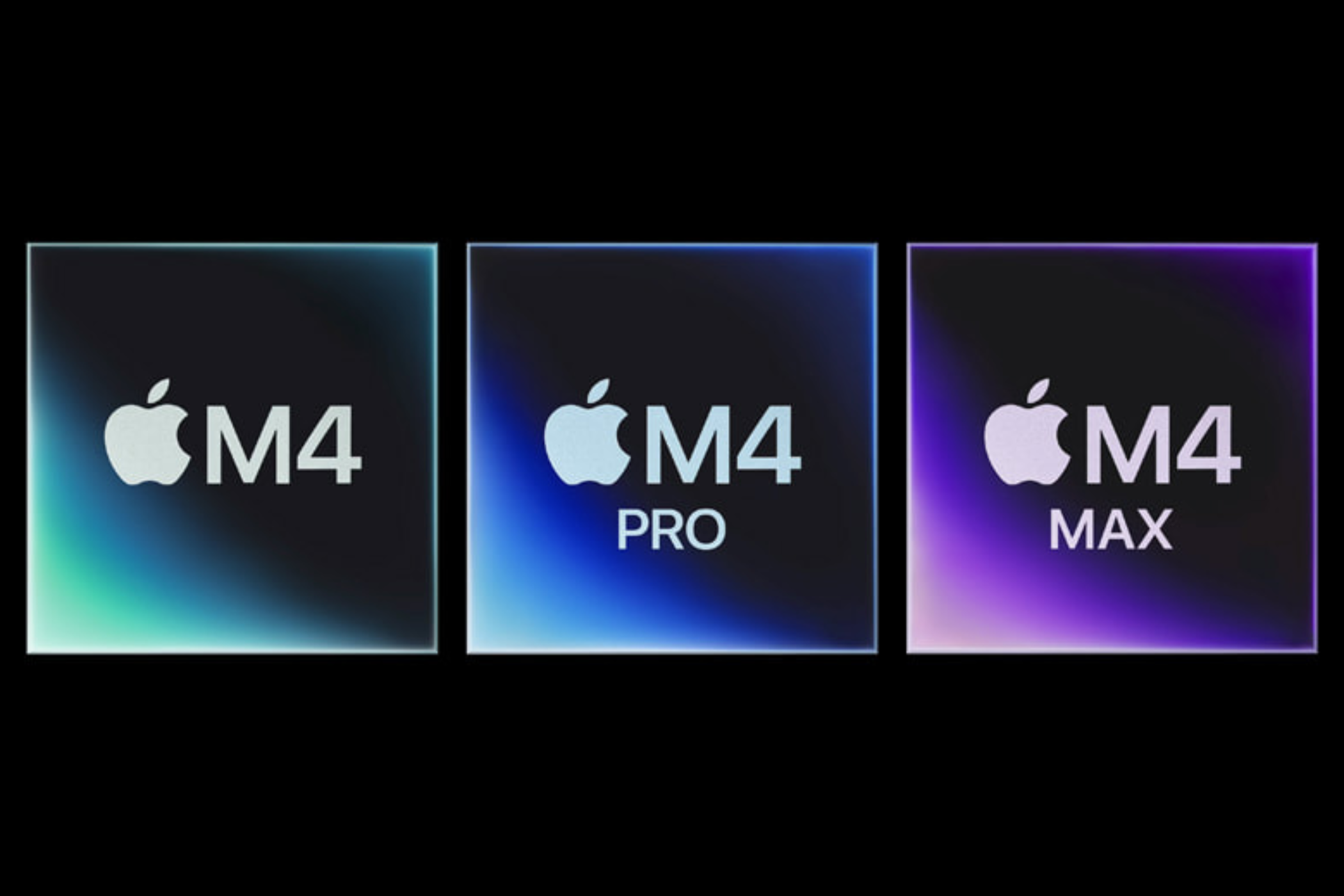 Image de la famille de chipsets M4 d'Apple sur fond noir. 
