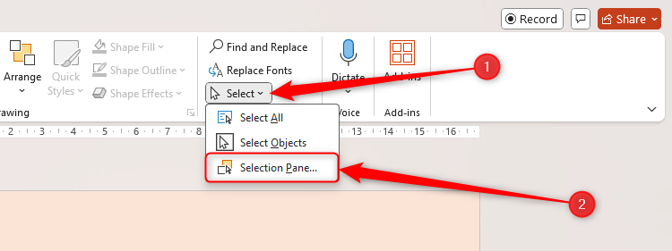 Le menu déroulant SELECT dans l'onglet Home de PowerPoint est élargi et l'option de volet de sélection est sélectionnée.
