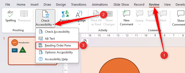 Le bouton du volet d'ordre de lecture dans le menu déroulant Accessibilité de PowerPoint est sélectionné.