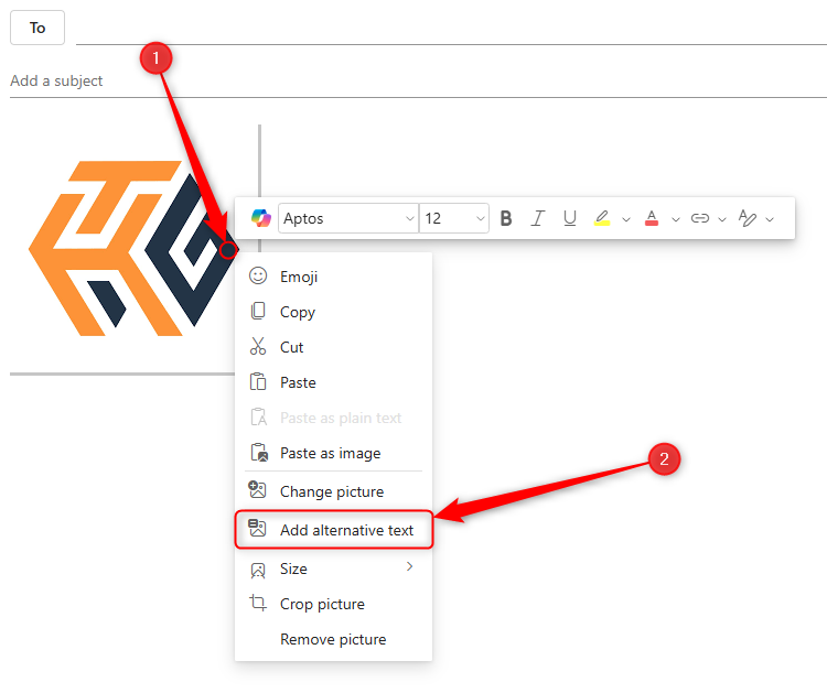 Un brouillon par e-mail dans de nouvelles Outlook avec une image du logo HTG avec le bouton droit sur un clic droit, et «ajouter du texte alternatif» mis en évidence dans le menu déroulant.