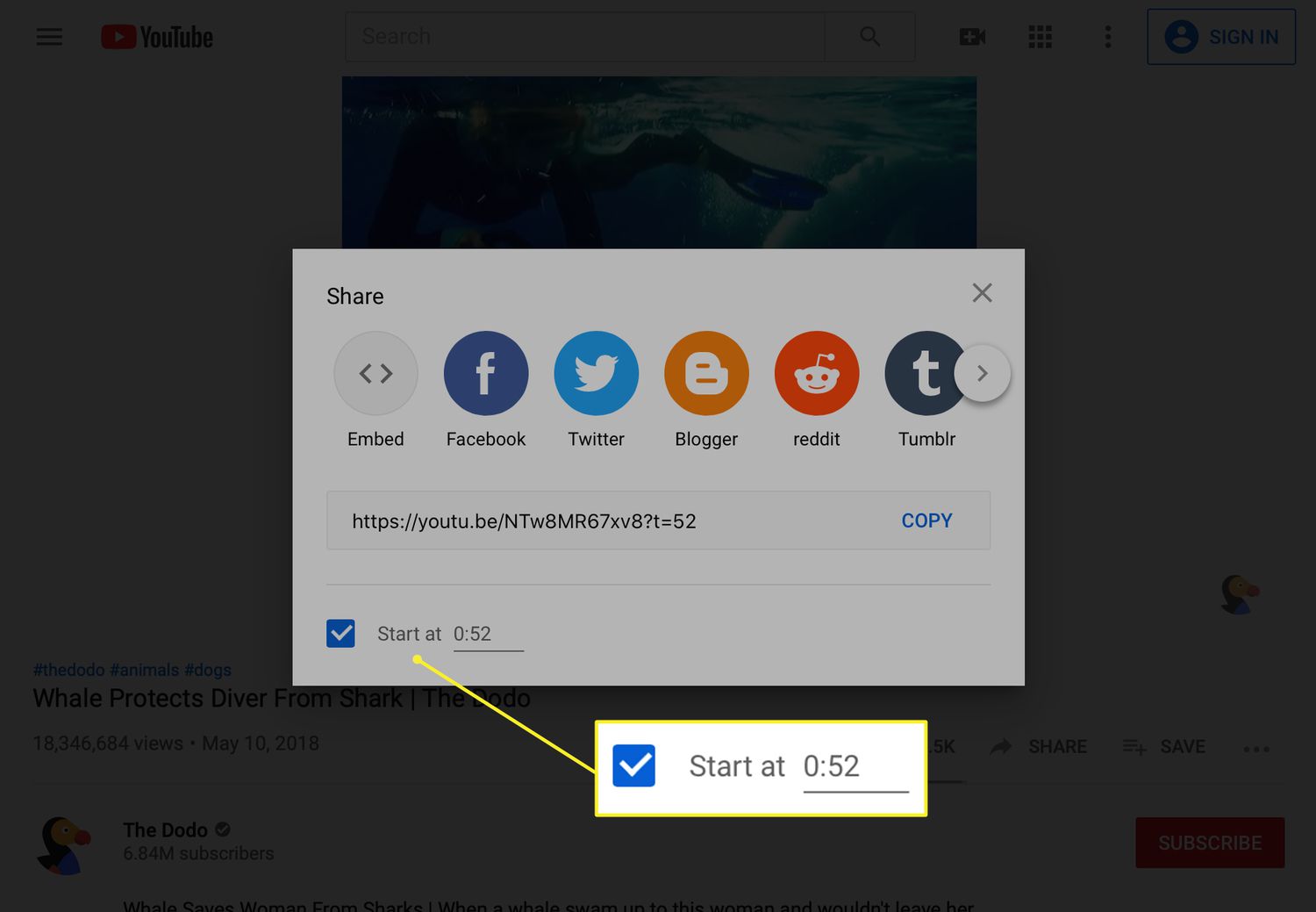 Sélection de l'heure de début pour une vidéo YouTube