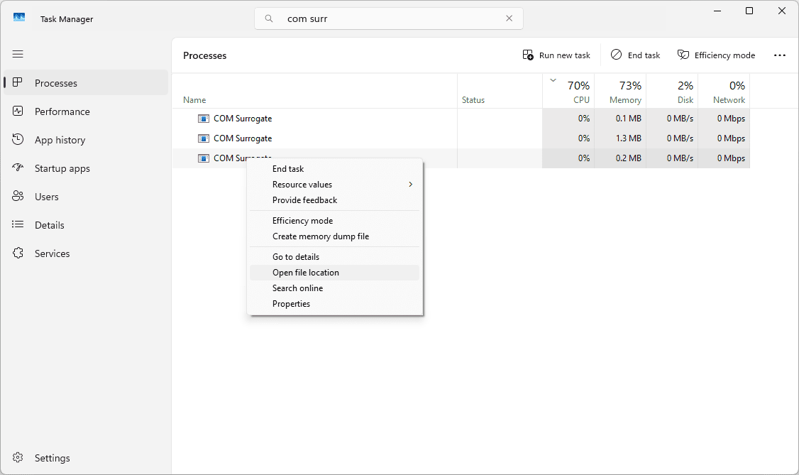 Option de gestion de tâche «Open Fichier Emplacement» pour un processus de substitution com