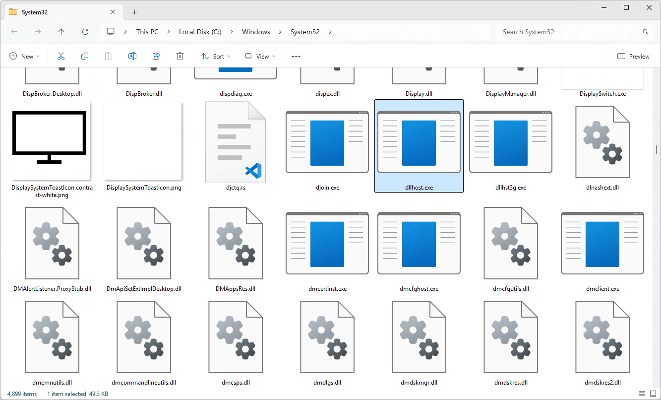 Dossier Système 32 Ouvert au fichier dllhost.exe dans Windows 11