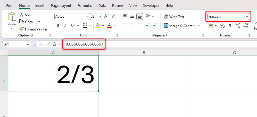 Une feuille Excel avec la fraction des deux tiers dans la cellule A1, l'équivalent décimal dans la barre de formule et le format de numéro de la cellule montrant comme fraction.