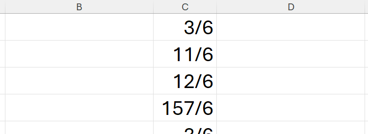 Plusieurs fractions dans chaque cellule de la colonne C dans une feuille de calcul Excel, qui ont toutes 6 comme dénominateur commun.