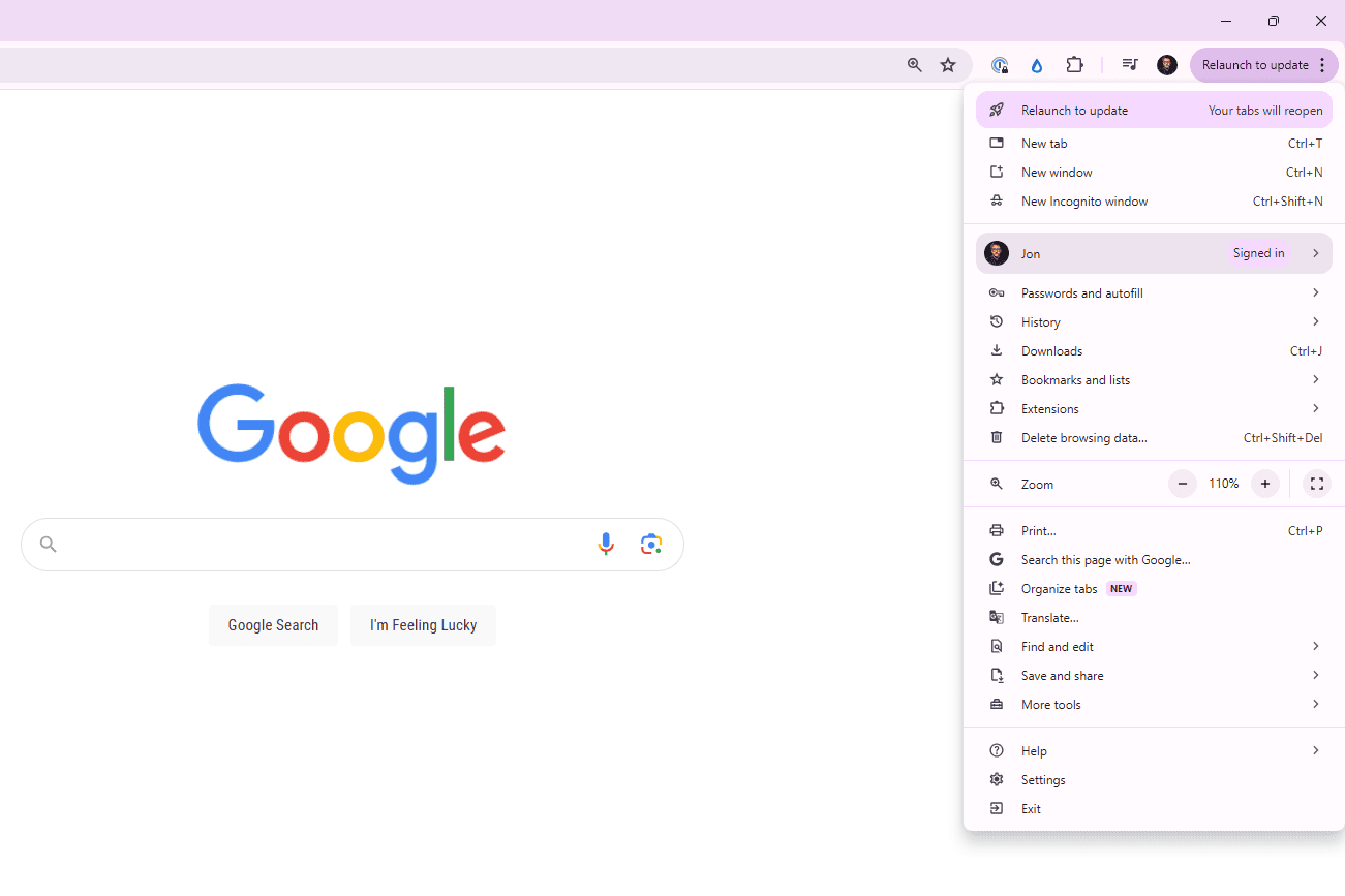 Le menu Google Chrome