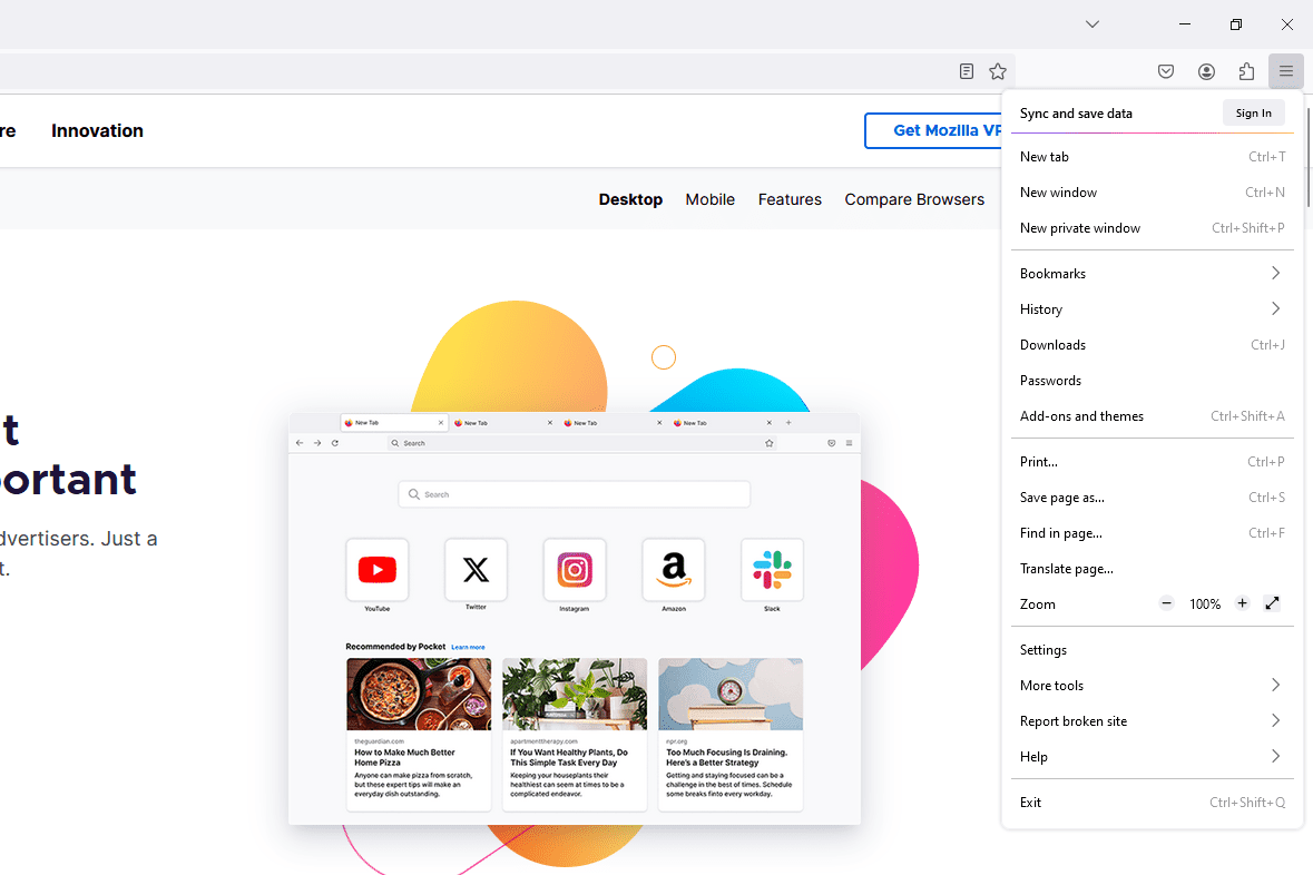 Le menu Firefox