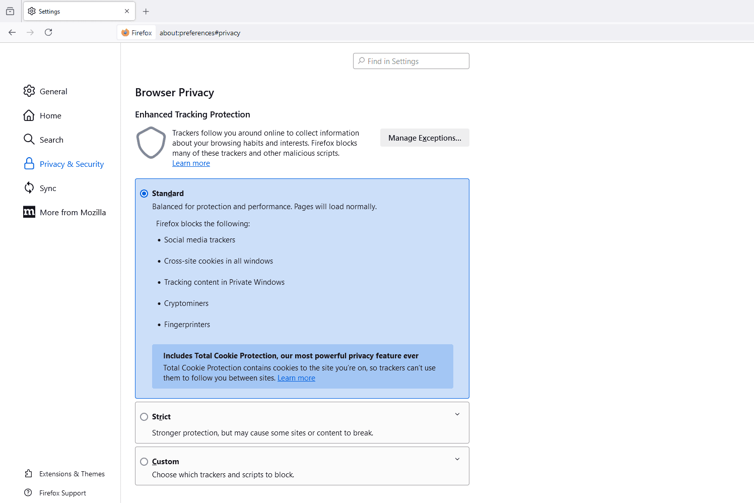 L'option de protection de suivi standard choisie dans les paramètres de Firefox