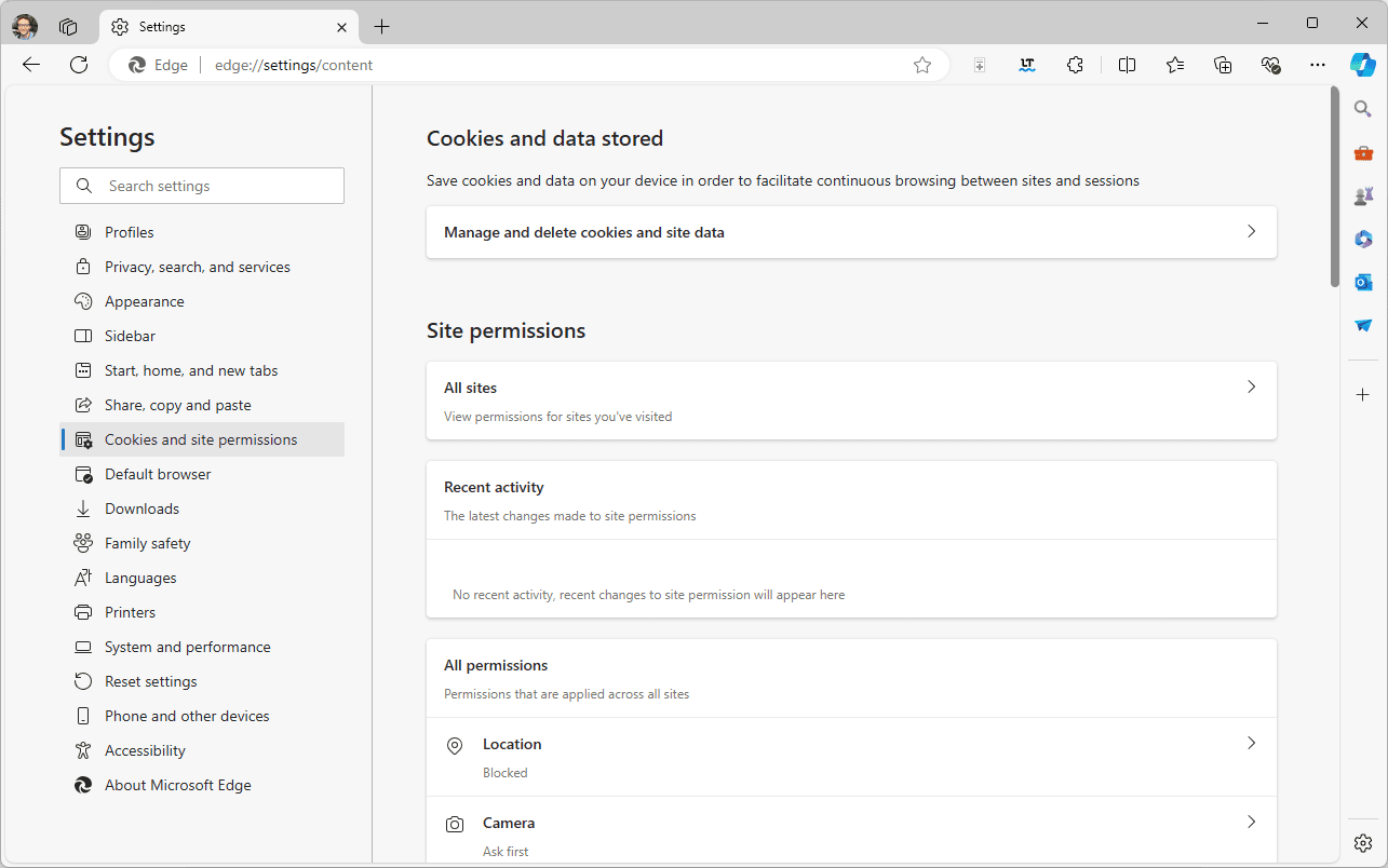 Paramètres de Microsoft Edge pour les cookies et les autorisations de site