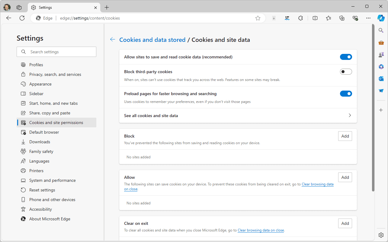 Les cookies de Microsoft Edge ont activé