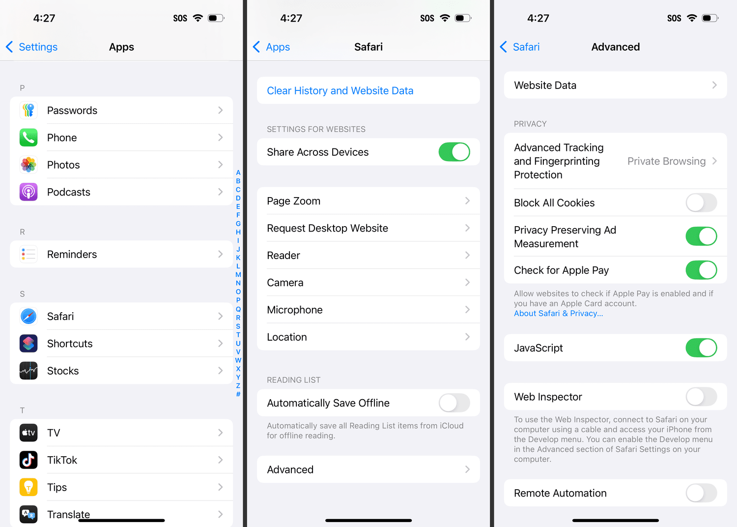 La bascule `` bloquer tous les cookies '' éteinte dans les paramètres avancés de Safari sur iPhone