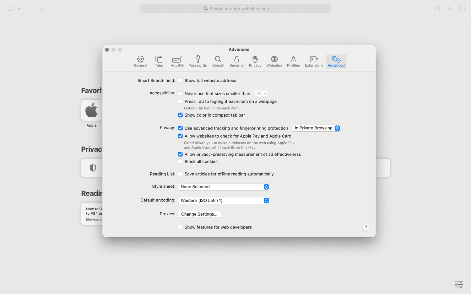 L'option Block All Cookies non sélectionnée dans les paramètres avancés de Safari