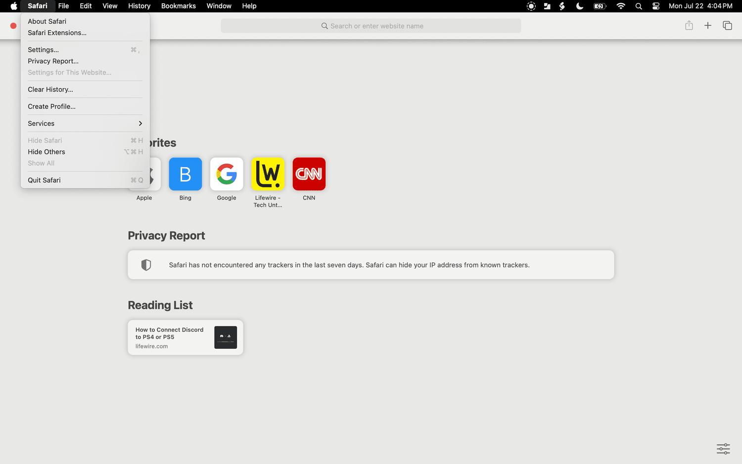Le menu Safari sur un MacBook Pro