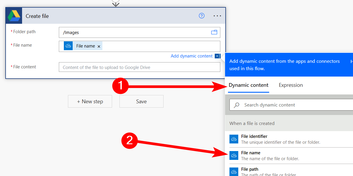 Définition de la propriété Nom de fichier pour l'action Google Drive dans Power Automate pour le Web.