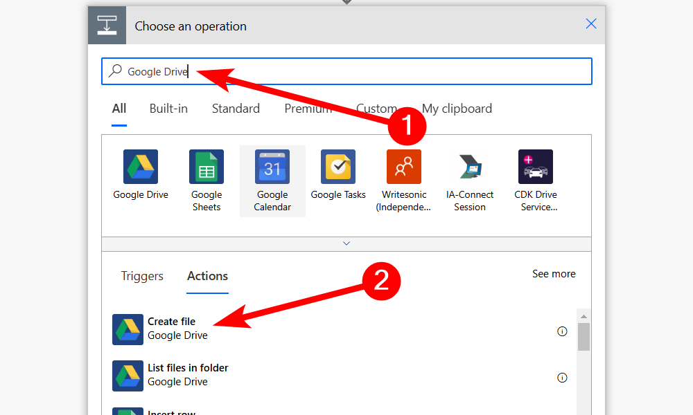 Création d'une action pour Google Drive en Power Automatiser pour Web.