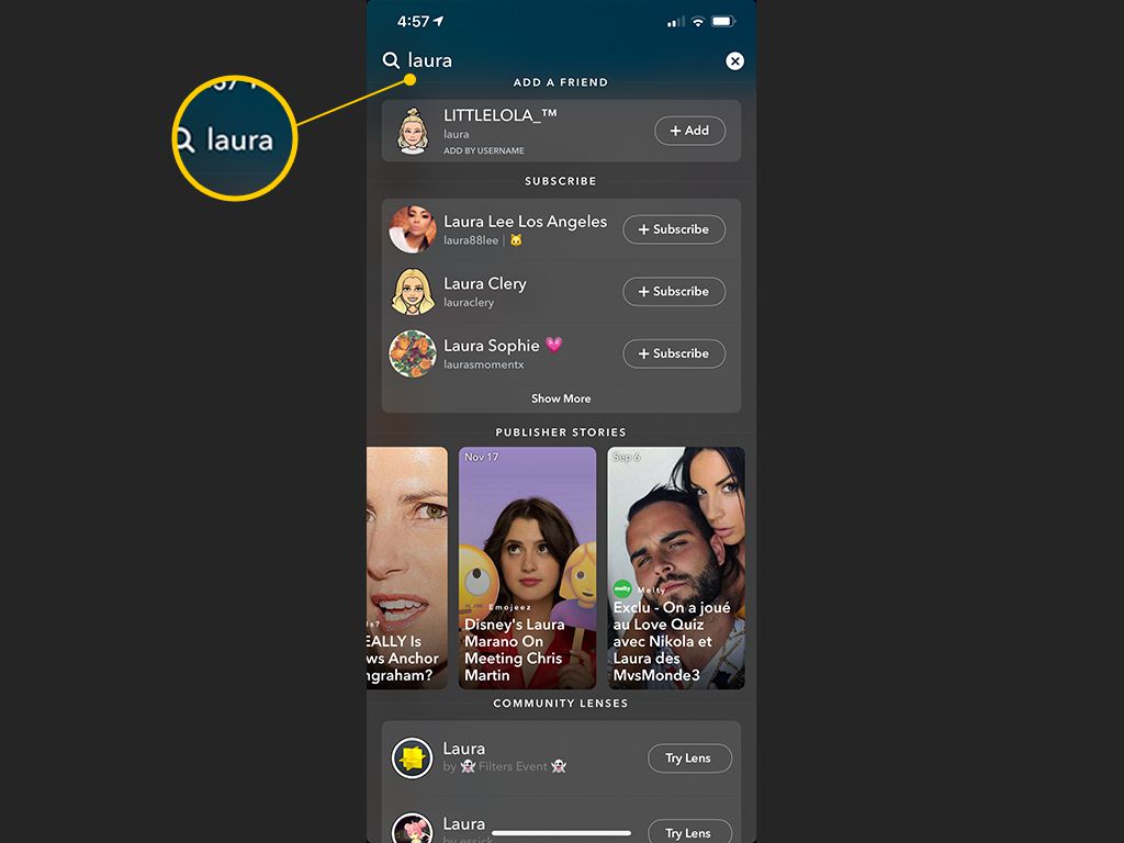 Champ de recherche dans Snapchat pour iOS