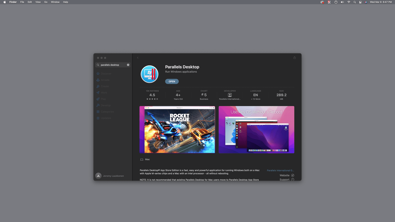 Ouvert mis en surbrillance sur la liste des bureaux Parallels dans l'App Store.
