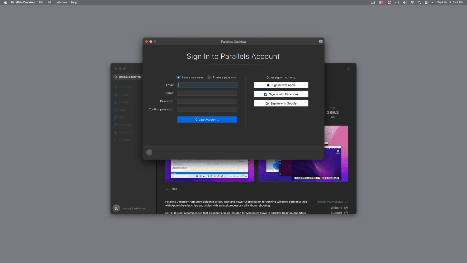 Créer un compte et d'autres options de connexion en surbrillance dans Parallels Desktop.
