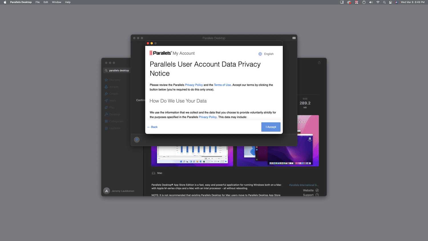 J'accepte le point de vue en vigueur dans Parallels.