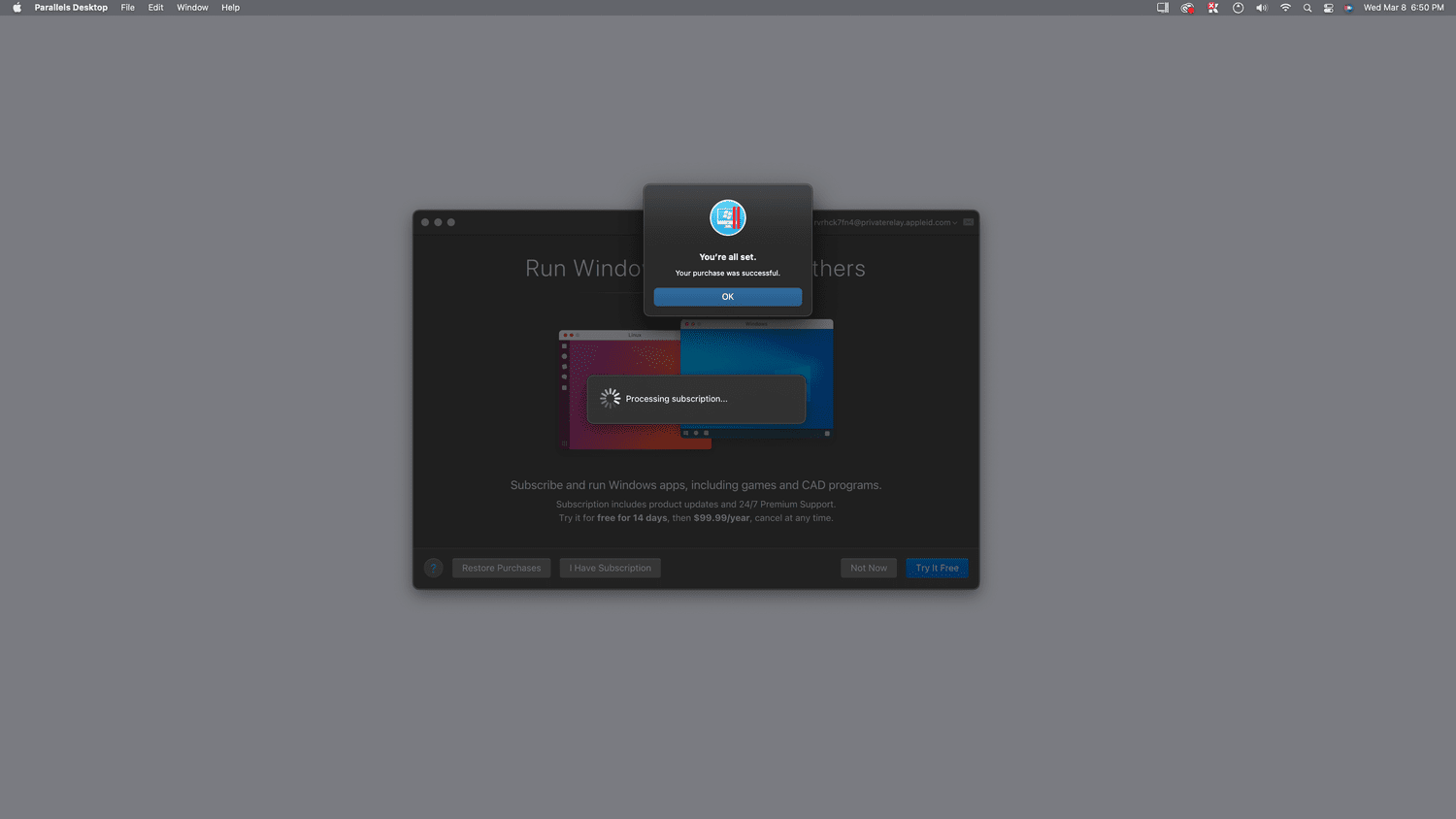 OK mis en évidence dans Parallels Desktop.
