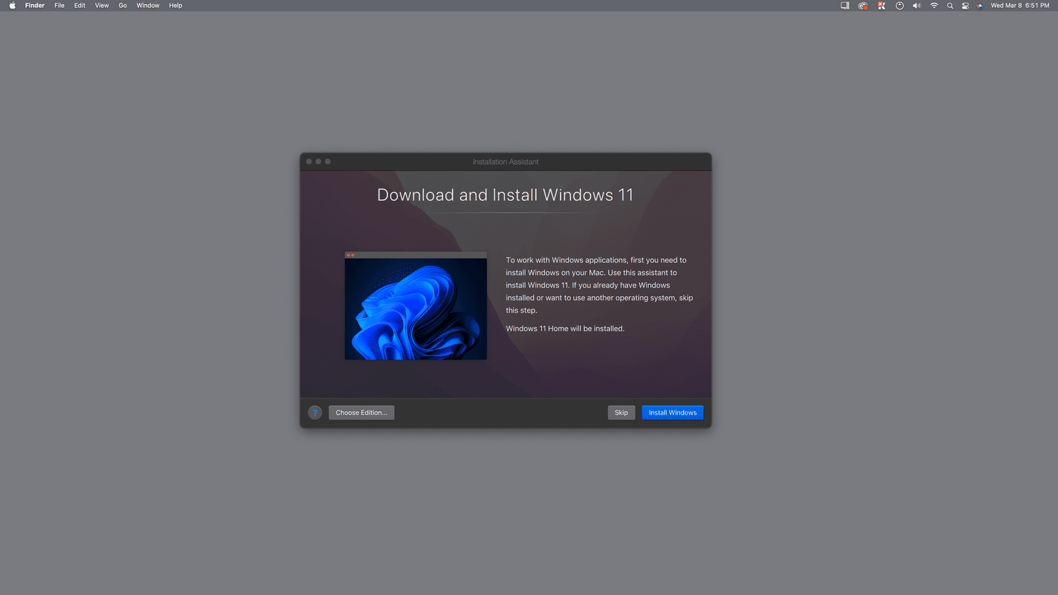 Installez Windows surligné dans Parallels Desktop.