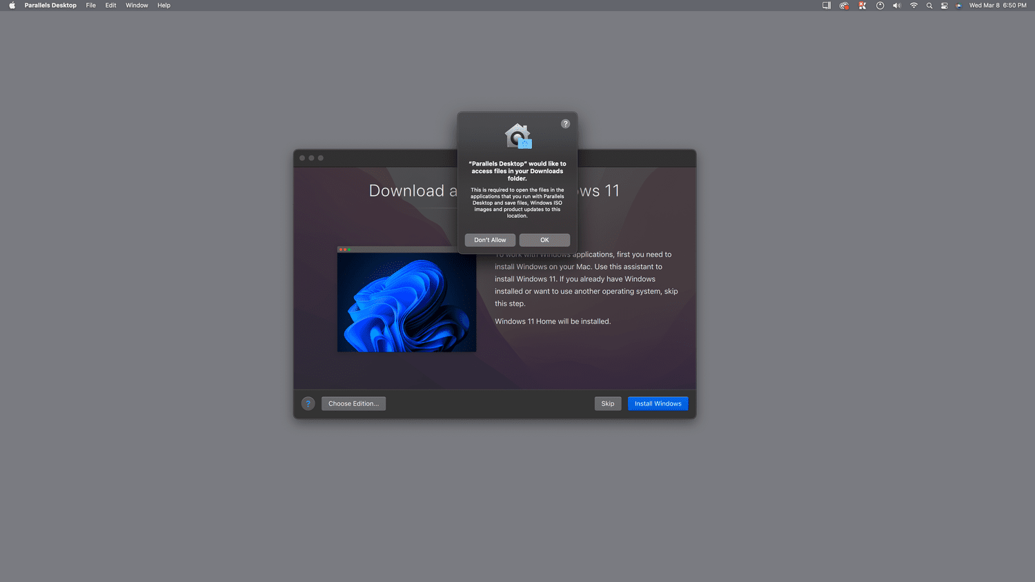 OK mis en évidence dans Parallels Desktop.