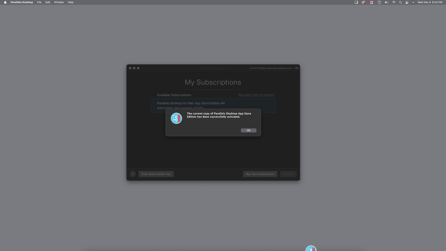 OK mis en évidence dans Parallels Desktop.
