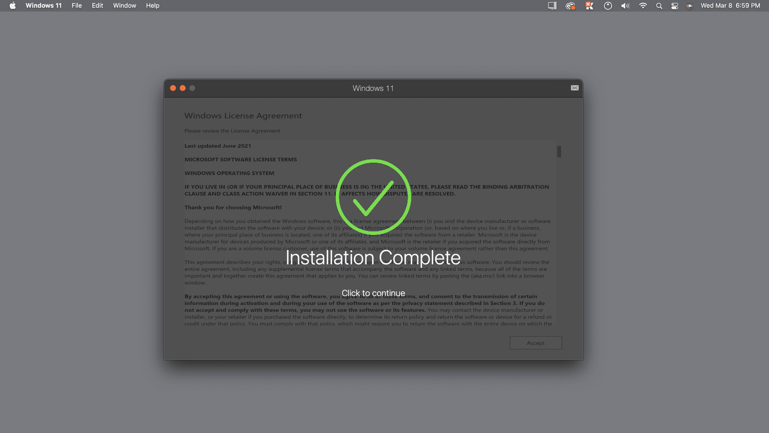 Cliquez pour continuer à mettre en surbrillance dans Parallels Desktop.