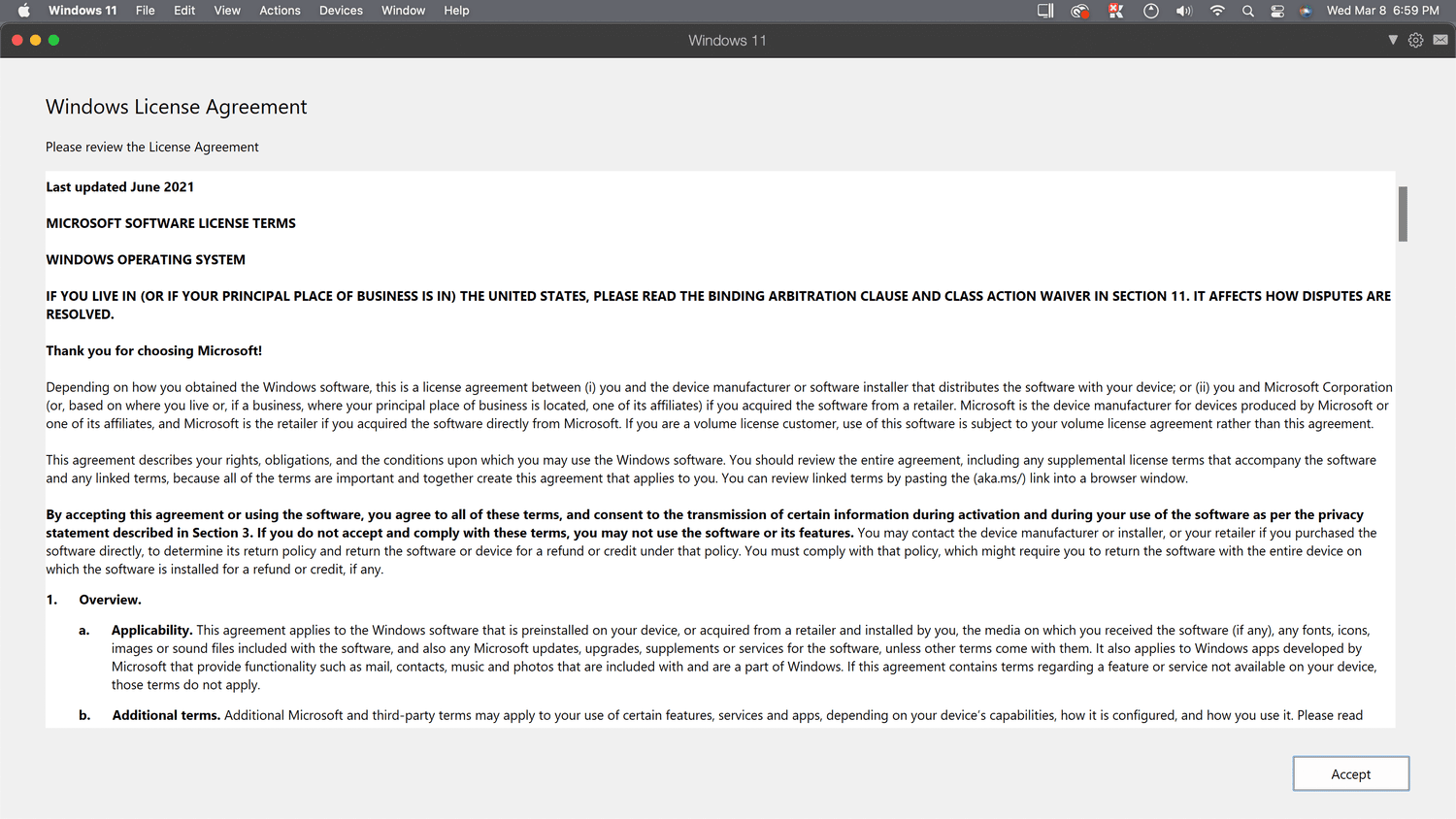 Acceptez-vous surligné dans Parallels Desktop.