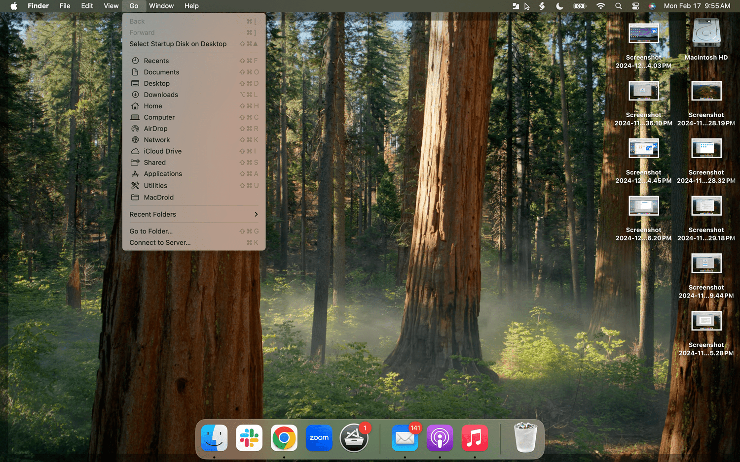 Le menu Go dans Finder sur macOS