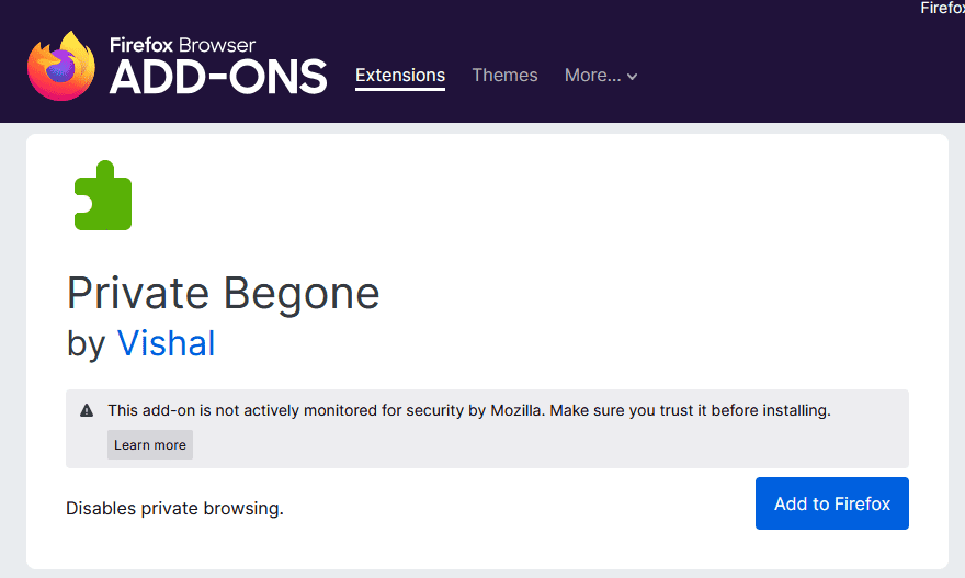 Le bouton Ajouter à Firefox sur la page de téléchargement privée Begone