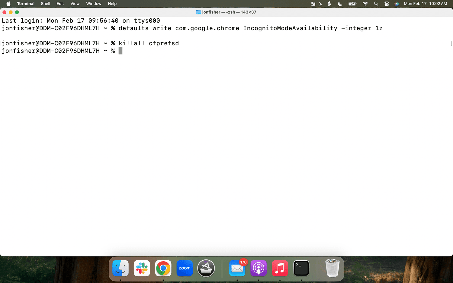 Deux commandes de terminal dans macOS pour désactiver le mode incognito dans Chrome