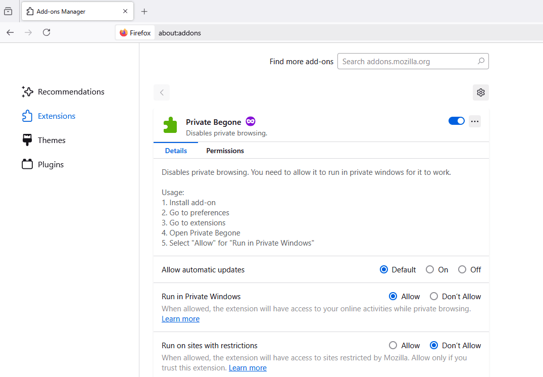 Boîte `` Autoriser '' choisie pour l'option Run in Private Windows dans la page Extensions de Firefox