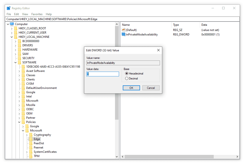 INPRIVATEMODEAVAILIBILITÉ VALEUR DE 1 EN ÉDALECTEUR DE RÉGLAGE WINDOWS