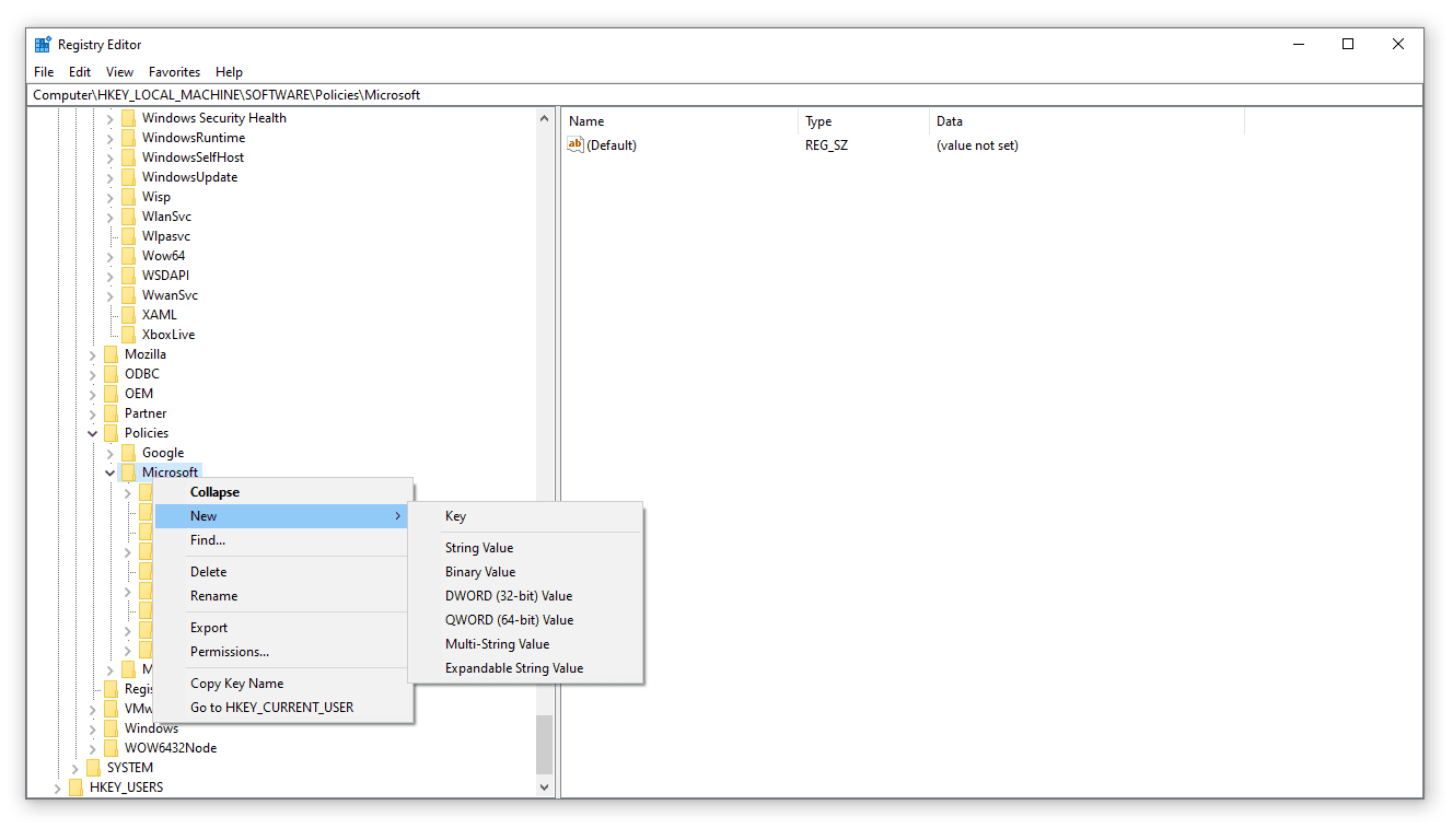 Le menu de l'éditeur de registre pour créer une nouvelle clé dans la touche Microsoft