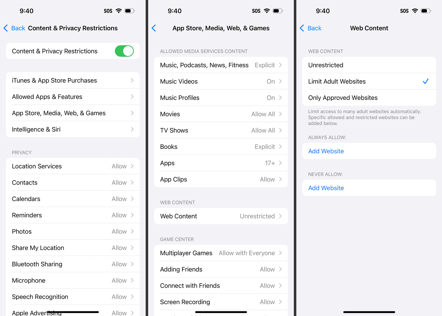 Limiter les sites Web pour adultes choisis dans les paramètres de temps d'écran iPhone