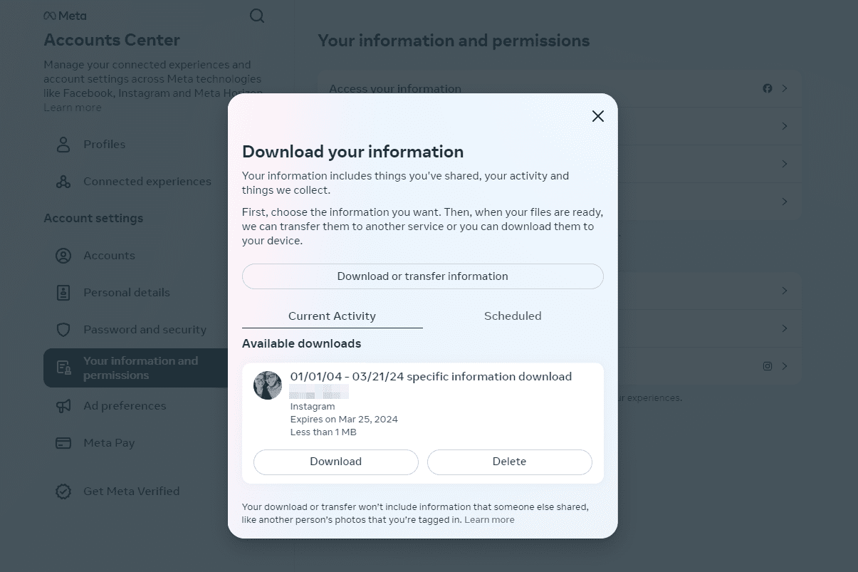 Instagram Téléchargez votre fenêtre d'information 