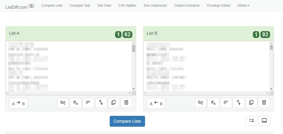 Deux listes de texte sur le site Web de ListDiff