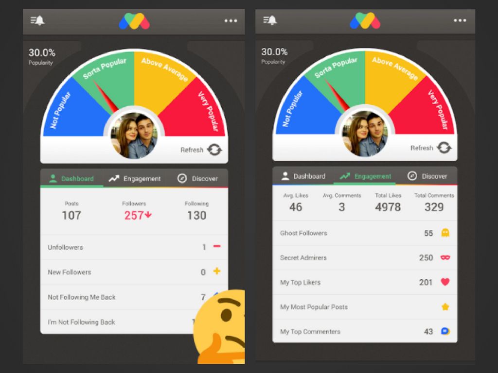 Captures d'écran de l'application de suivi de suivi sur Android montrant les compteurs de popularité