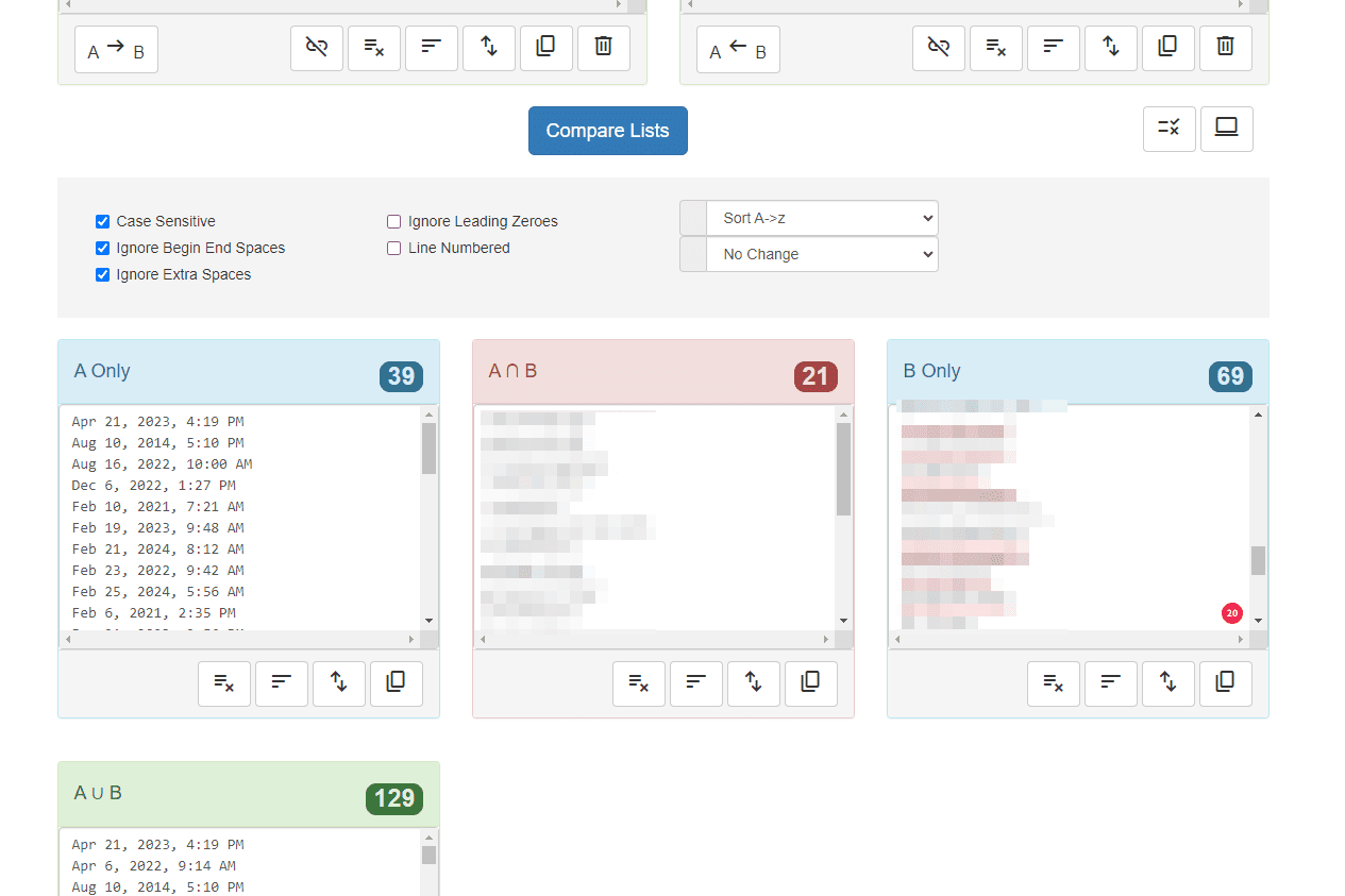 Deux listes comparées sur le site Web de ListDiff
