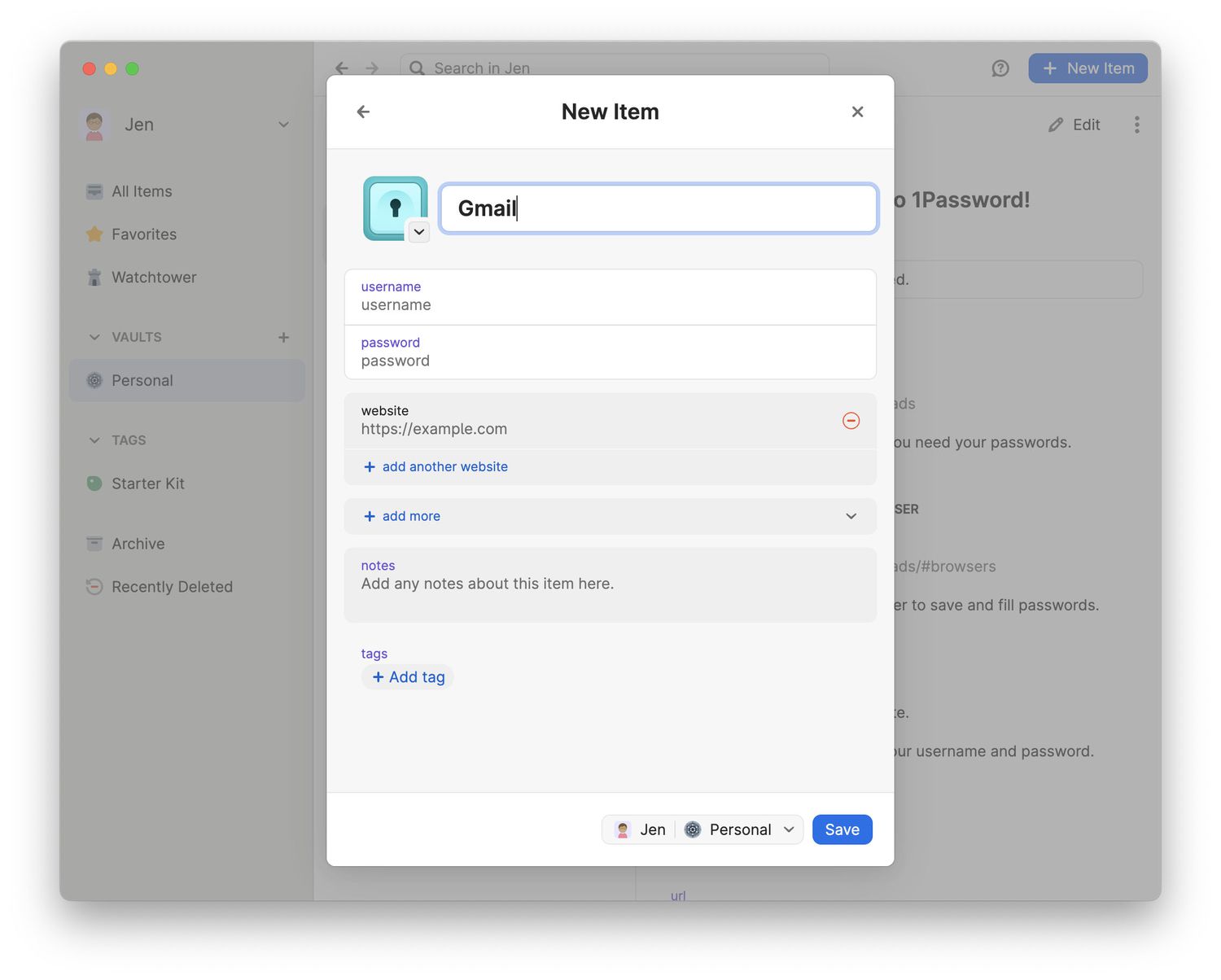 Capture d'écran de l'application 1Password.