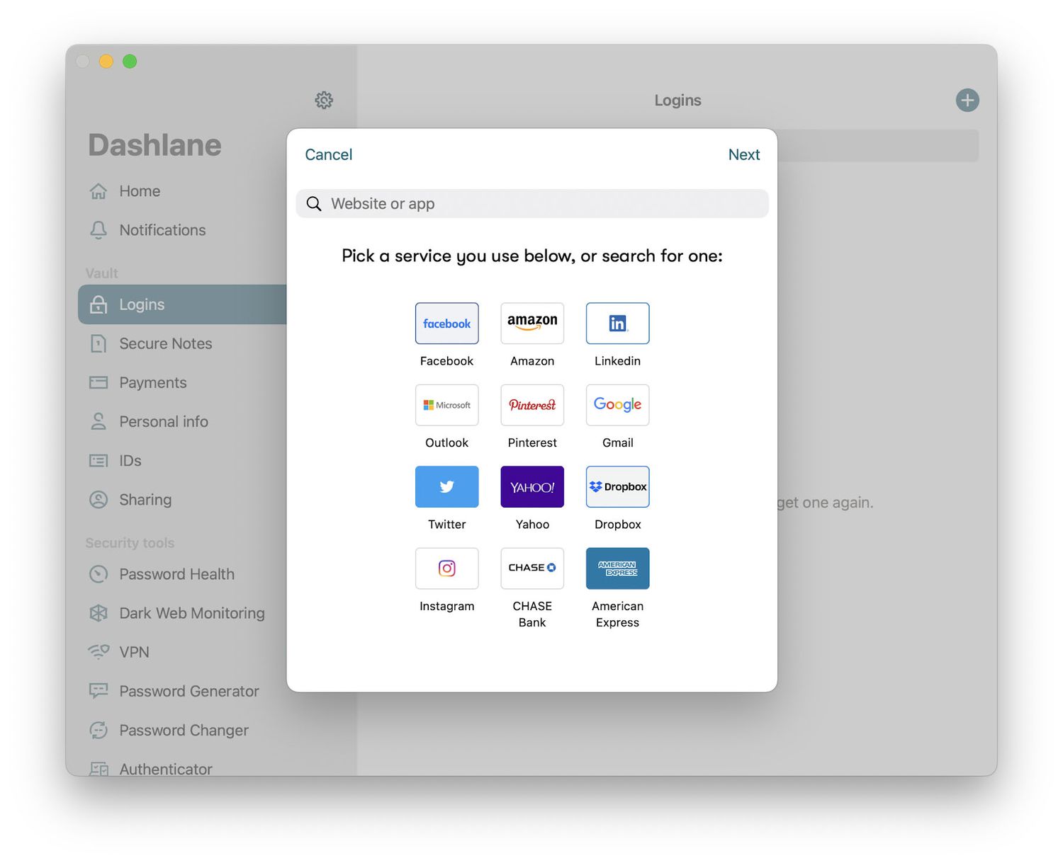 Capture d'écran de l'application Dashlane.