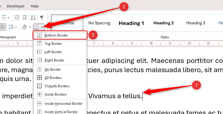 L'option de bordure inférieure dans le menu déroulant Borders dans Microsoft Word.